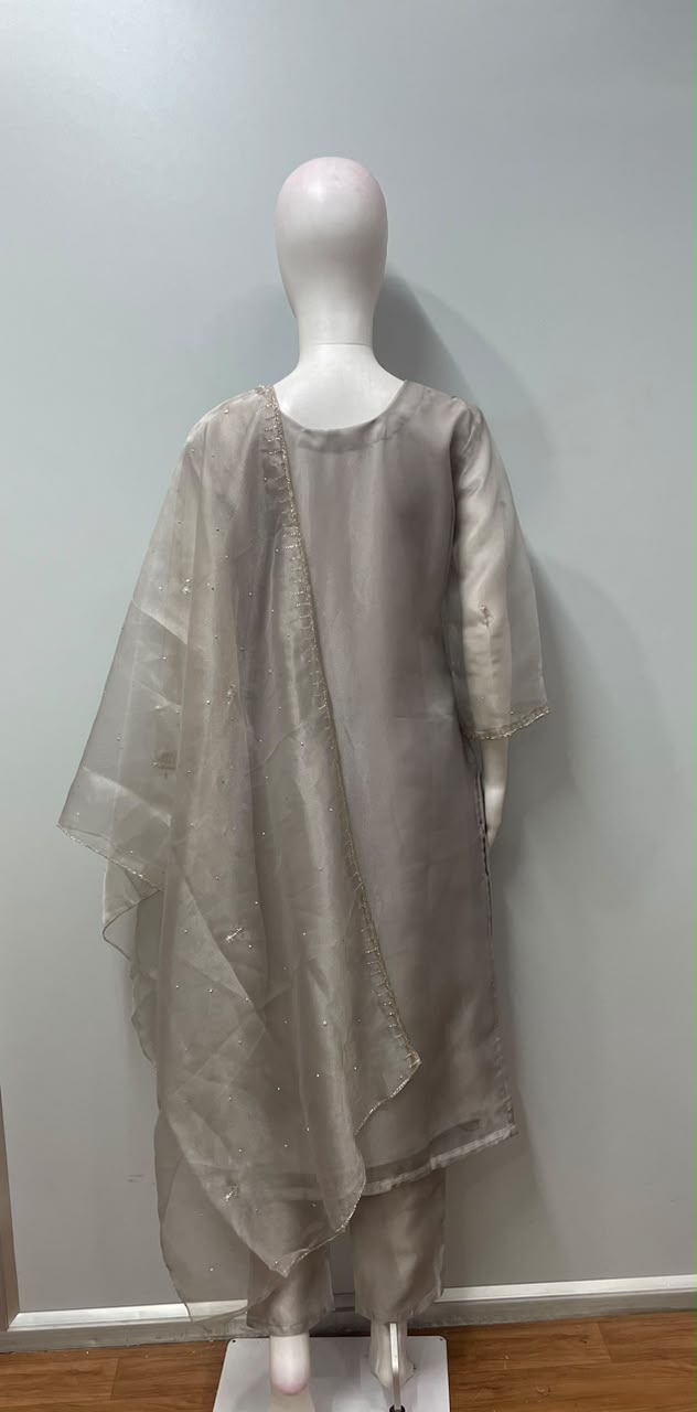 Mushroom Silver Pearl Embroidered Festive Ensemble