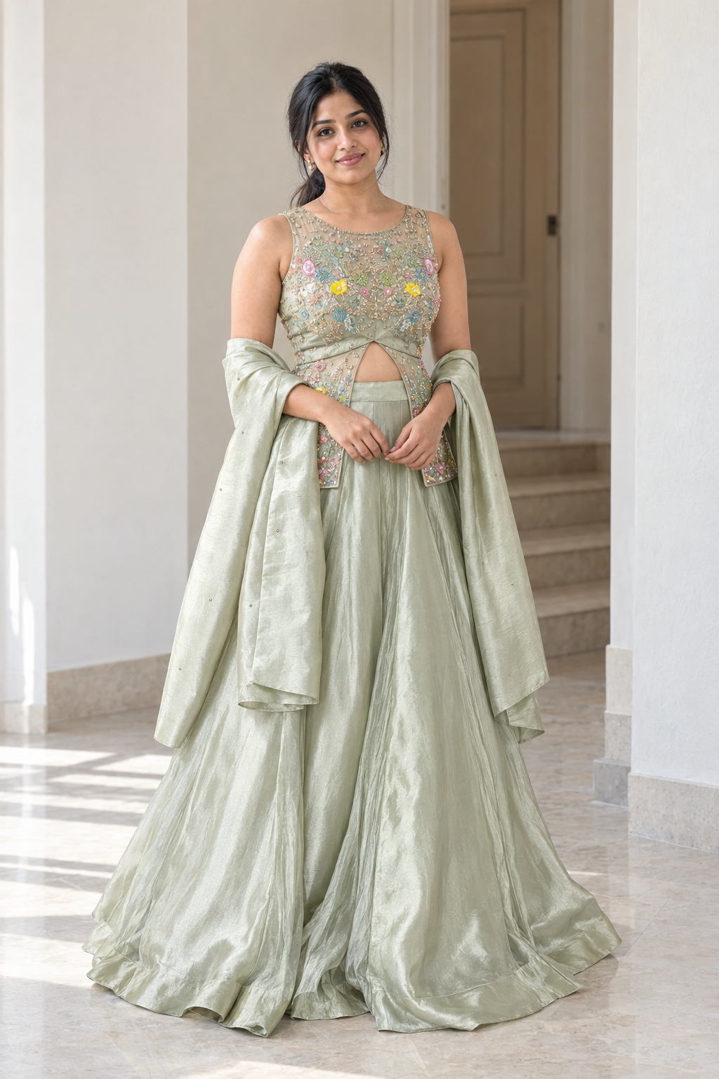 Pale Sage Multicolor Floral Jewel Lehenga Set