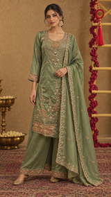 Sage Olive Antique Gold Floral Kurta Set