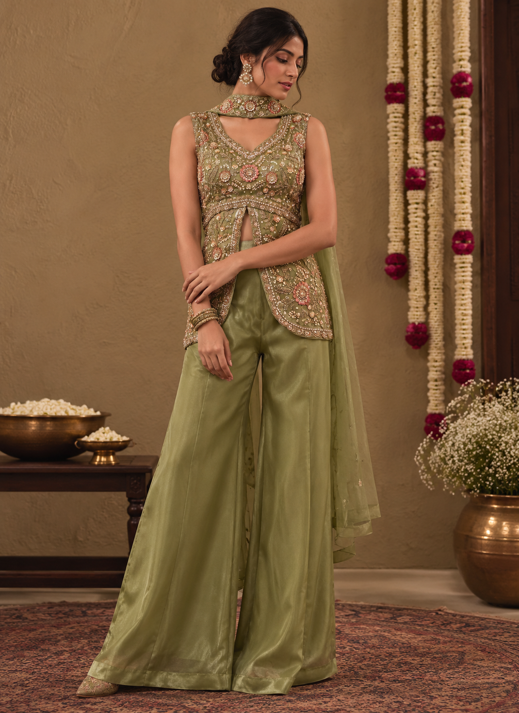 Sage Olive Gold Floral Palazzo Set