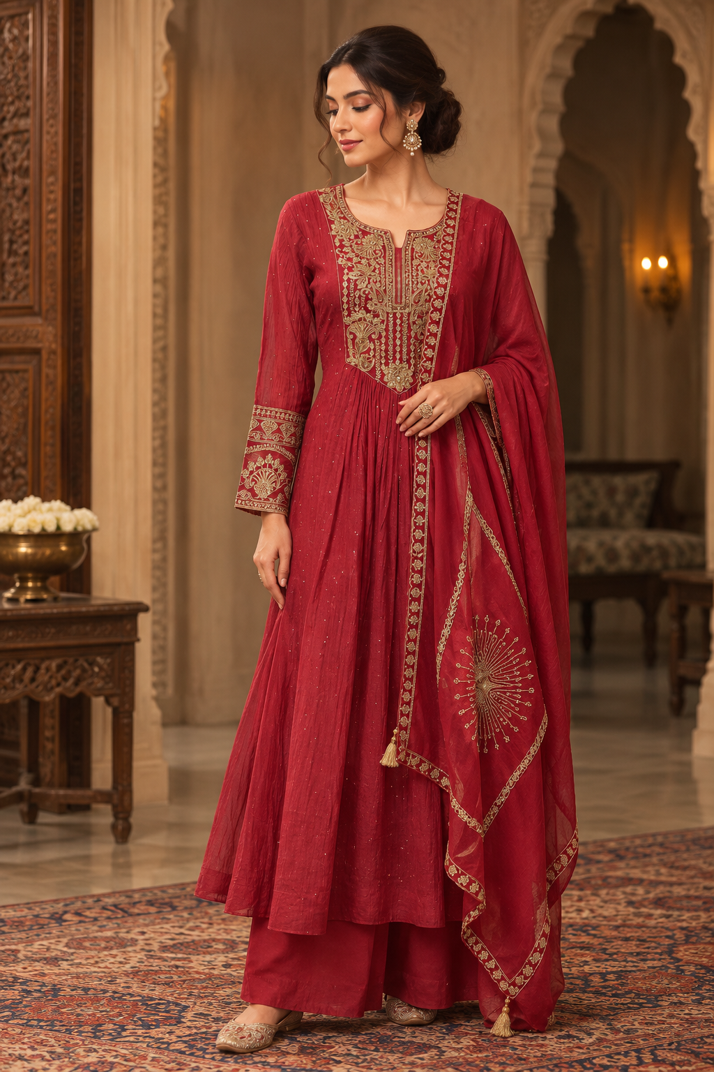 Deep Raspberry Antique Gold Anarkali Set