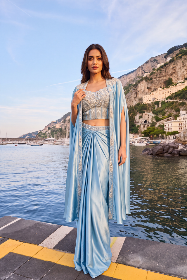 Ice blue saree worn with a pearl detailed cape and fitted blouse