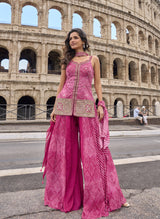 Rani Pink Bandhani Gold Sharara Couture Ensemble