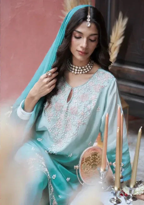 Ombre Teal Embroidered Palazzo Set - MishUUU