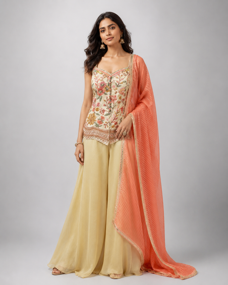 Ivory palazzo set with floral mirror work and a matching dupatta
