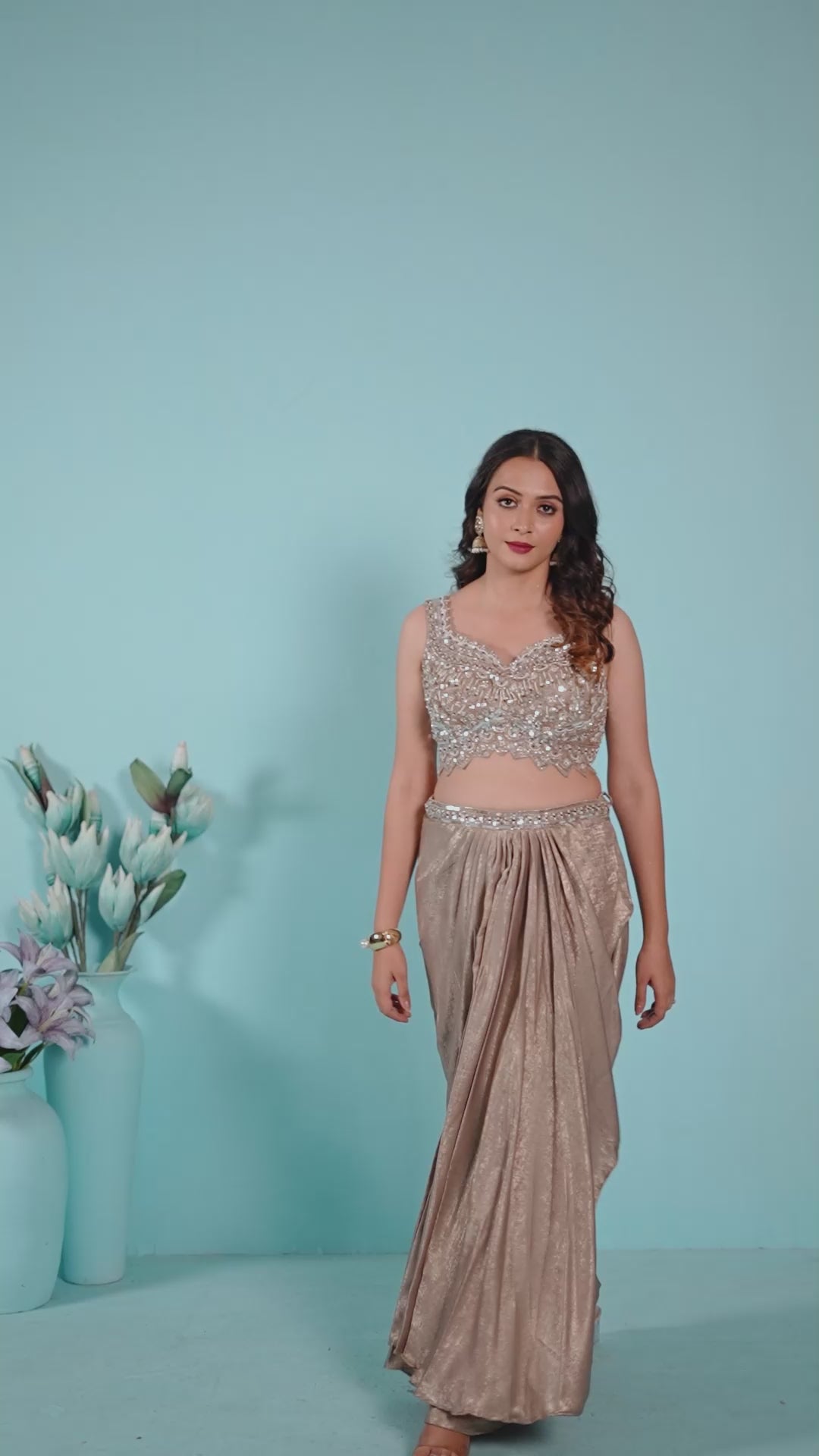 Champagne Gold Saree Gown with Embellished Bustier & Organza Cape – Indo-Western Glam