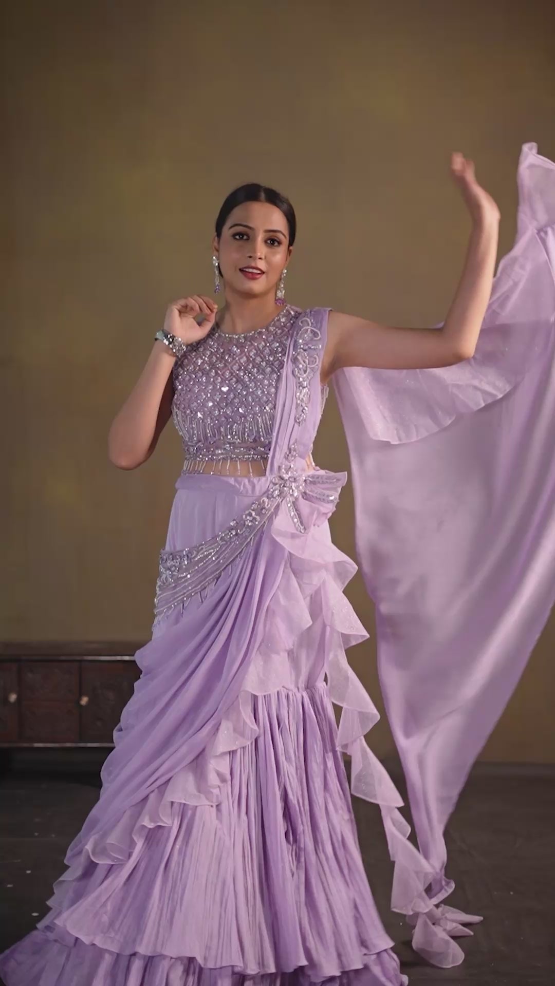 Lavender Embellished Crop Top with Ruffled Saree Skirt & Pre-Draped Pallu