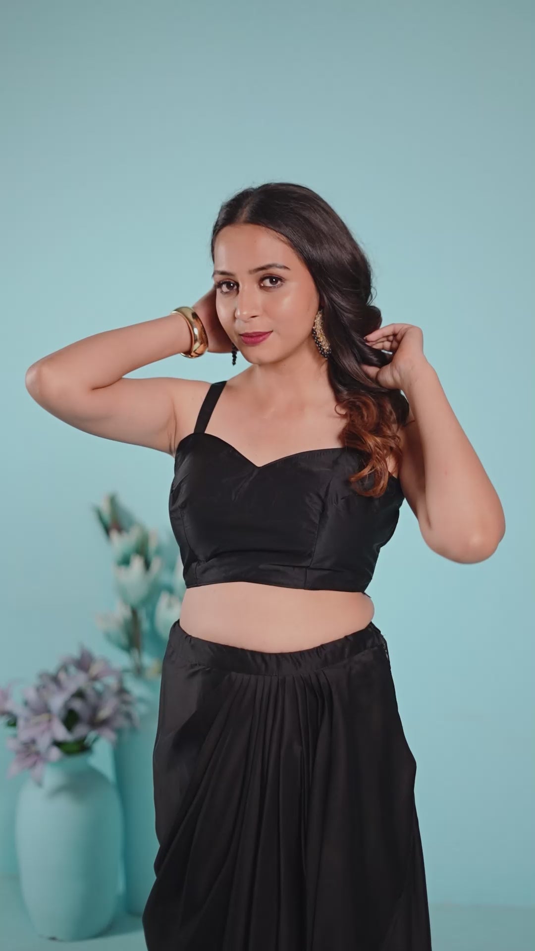 Midnight Black Sequin Cape Blouse & Draped Satin Dhoti Skirt Set
