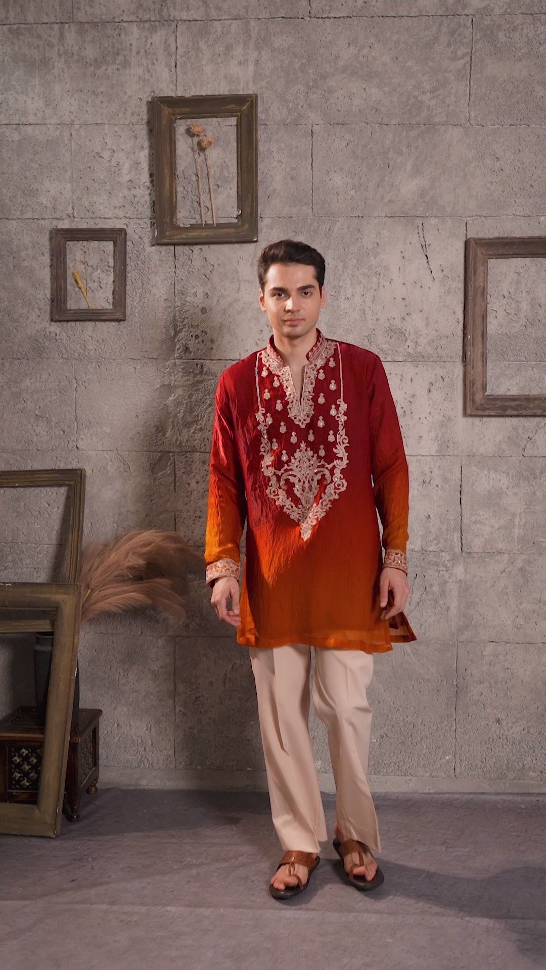 Red Ombre Gold Embroidered Men's Kurta Set