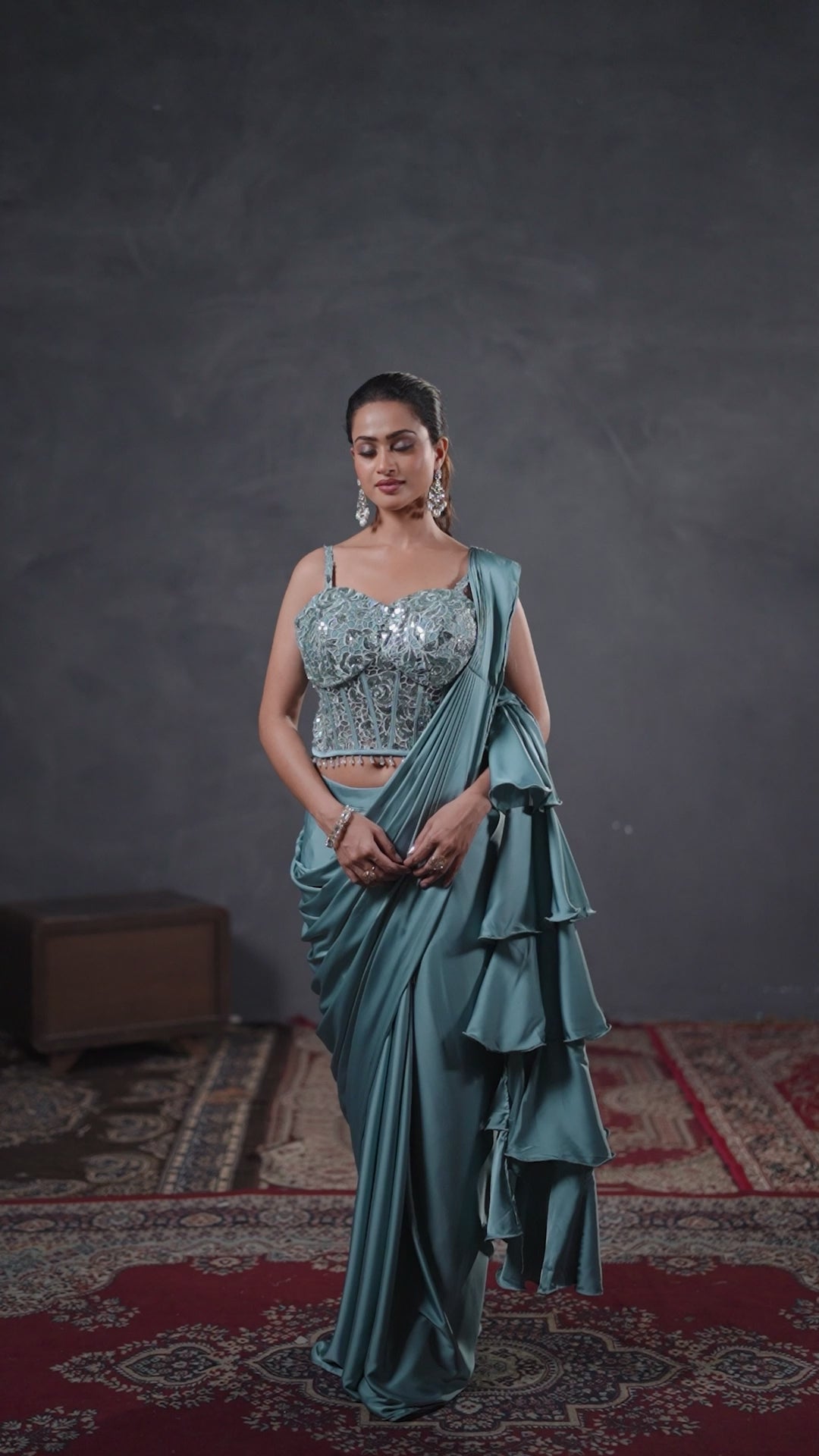 Ice Blue Ruffle Saree Set – Sequined Blouse with Layered Drape