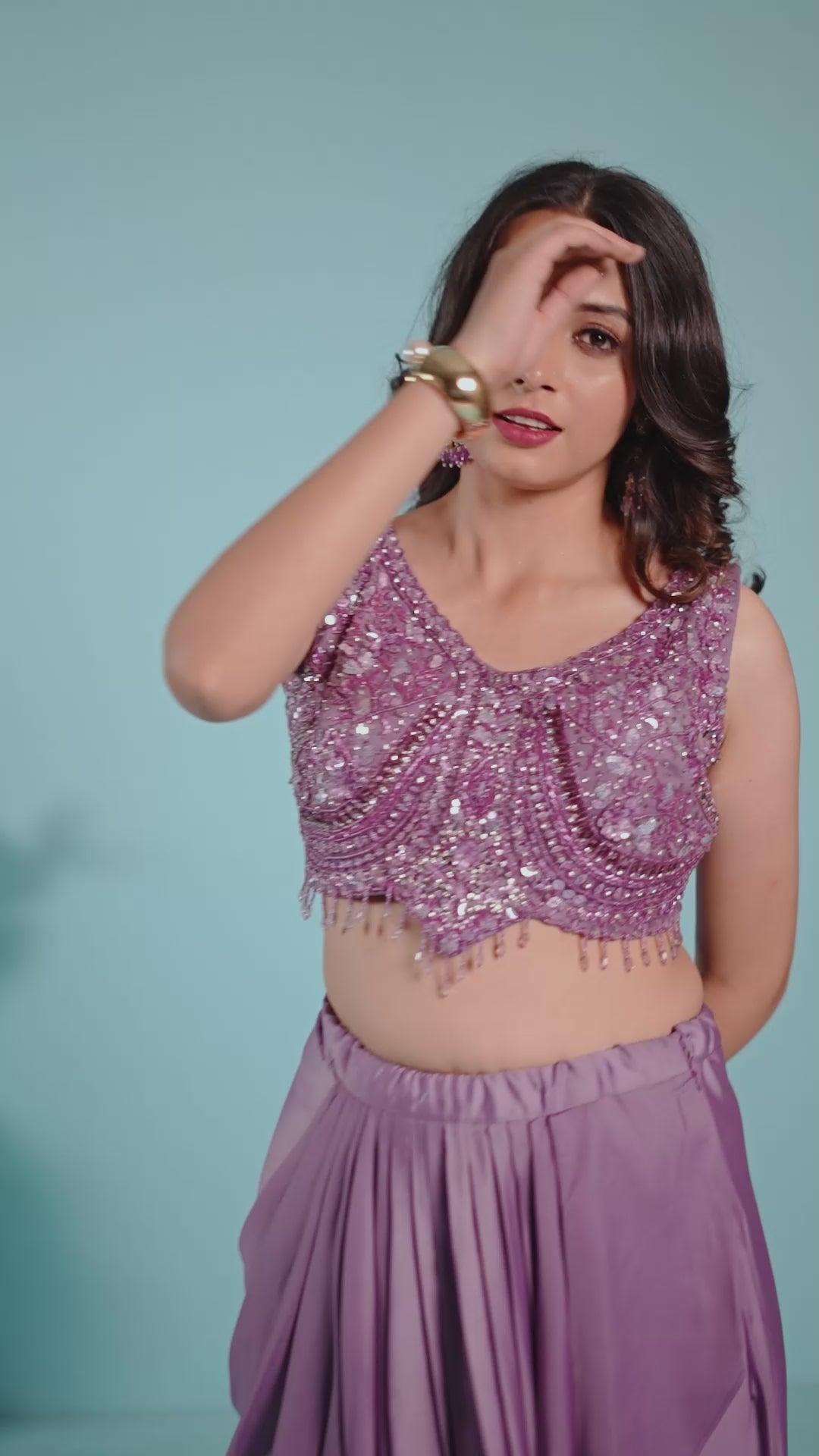 Pink Embellished Pre-Draped Georgette Saree with Sequin Blouse & Sheer Cape