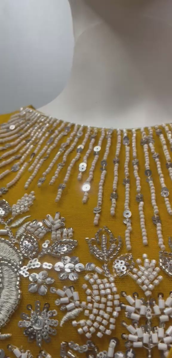 Mustard Pearl Draped Saree Set