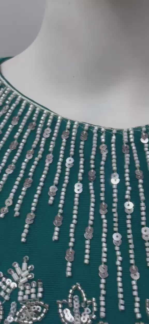 Teal Pearl Draped Saree Set
