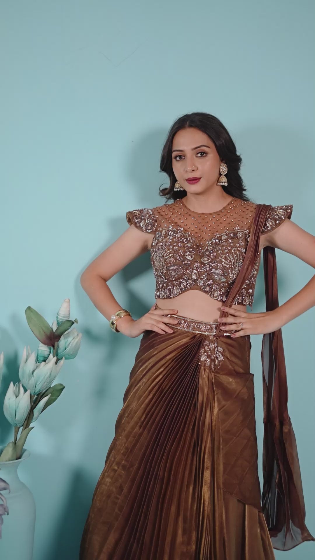 Antique Bronze Pre-Draped Saree Gown with Embellished Blouse