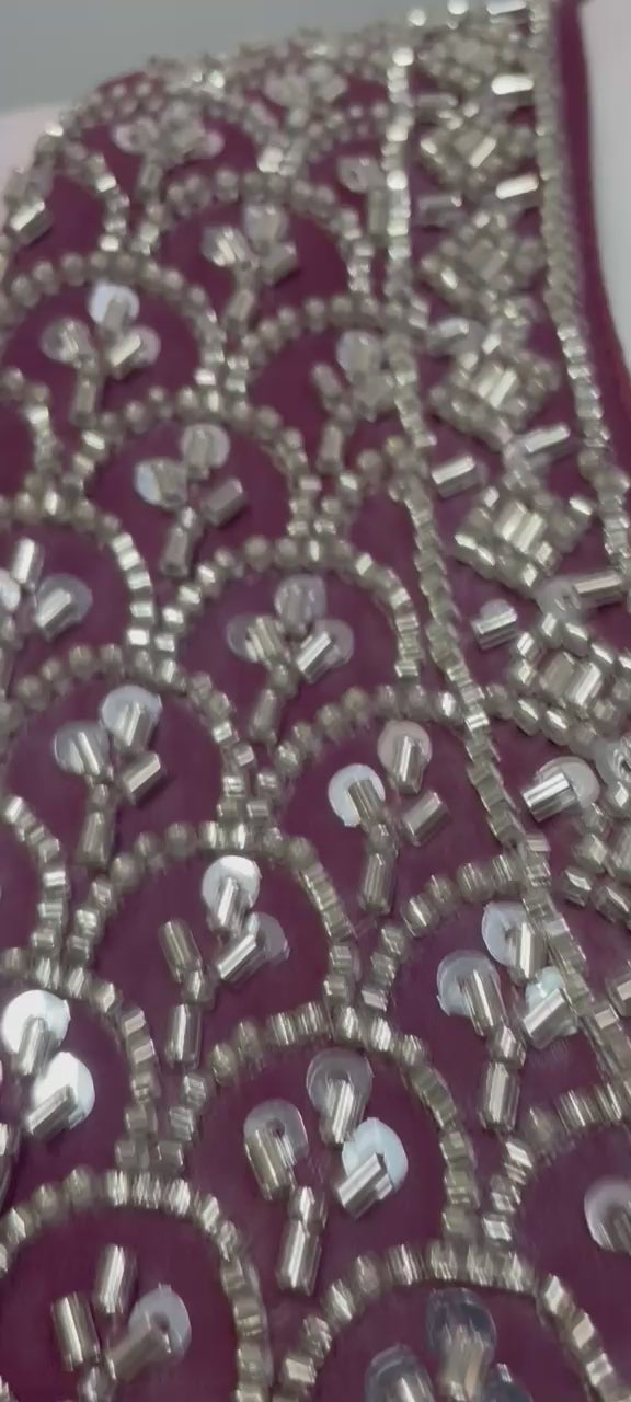 Berry Wine Silver Crystal Draped Saree Set