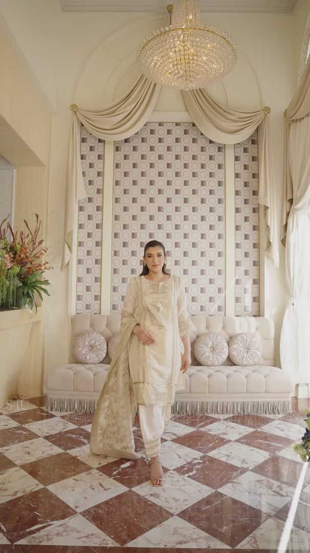 Ivory Gold Embroidered Kurta Set with Dupatta