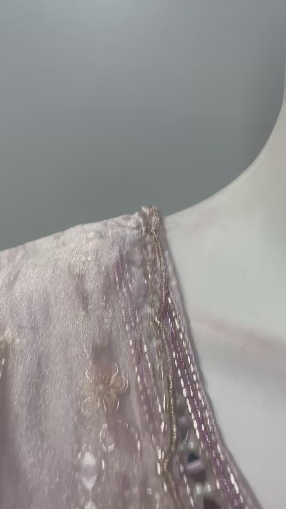 Dove taupe silver embroidered palazzo set shown in movement