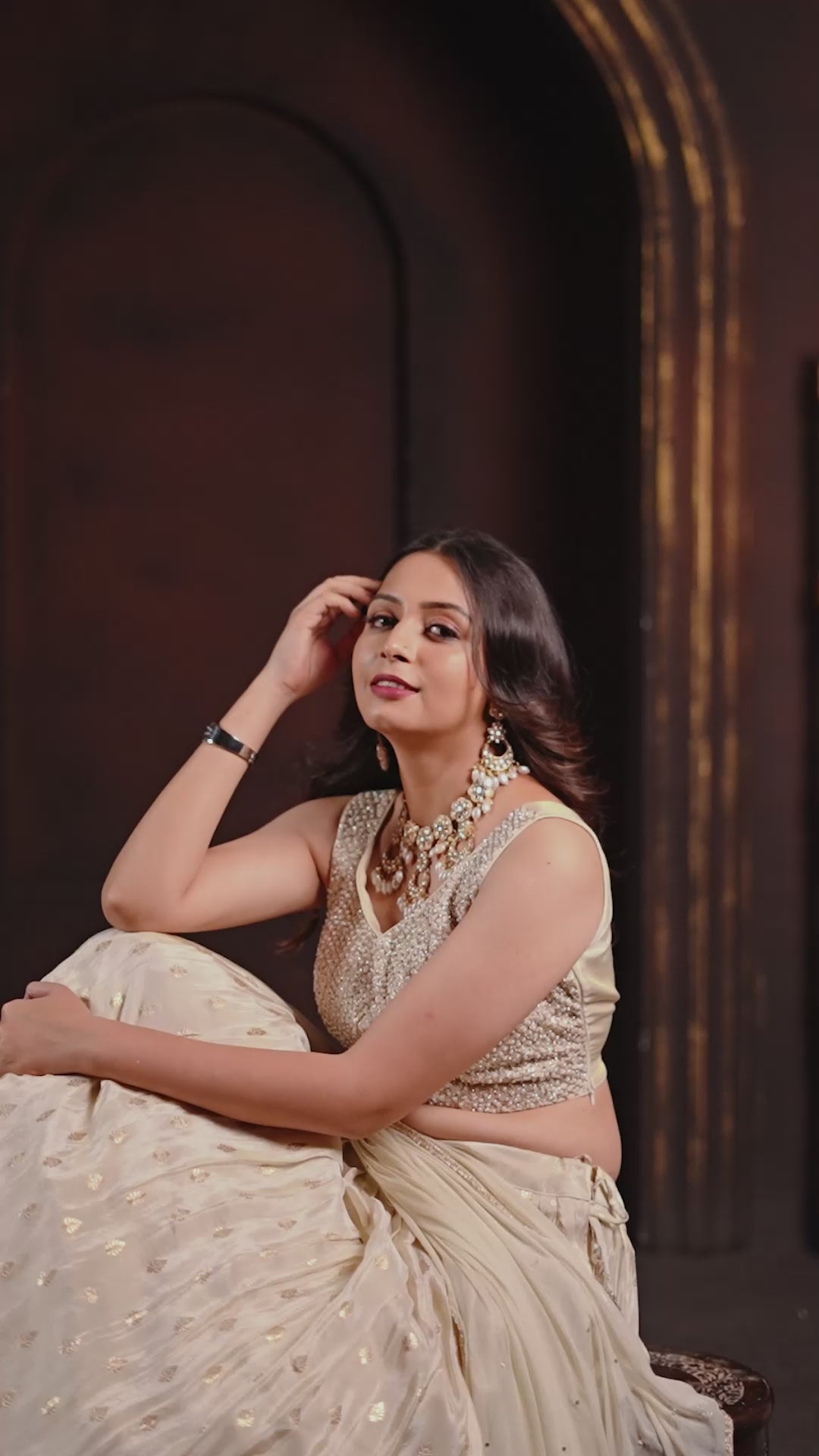Champagne Gold Silk Embellished Lehenga Set with Sleeveless Beaded Blouse & Organza Dupatta