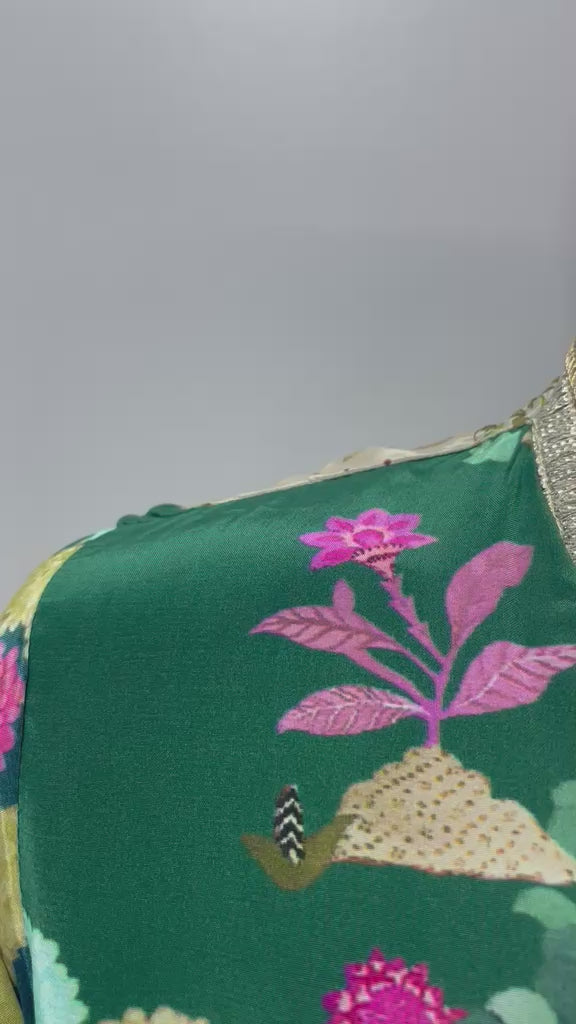 Botanical print floral kurta set shown in movement on the model