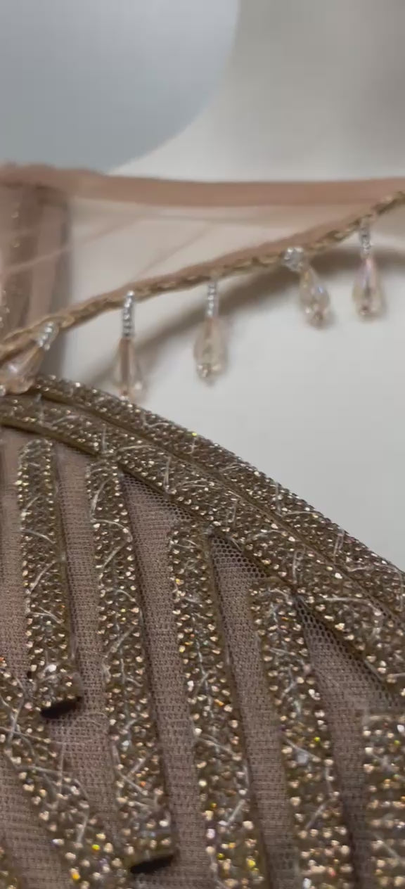 Taupe Pearl Draped Cape Lehenga Set