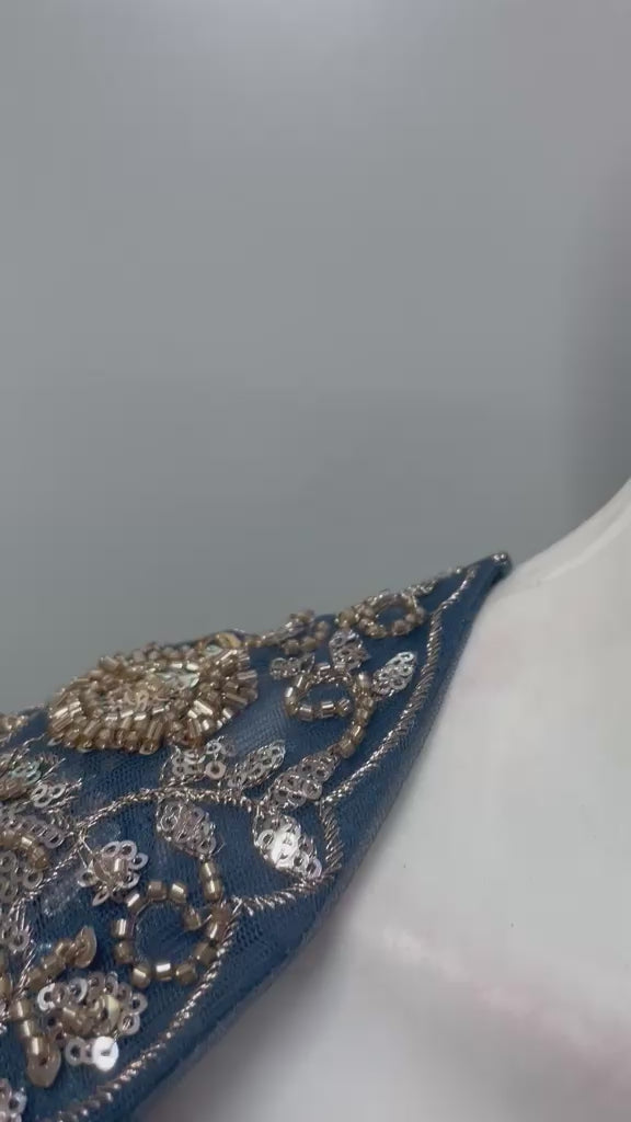 Steel Blue Gold Crystal Pre-Draped Saree Set