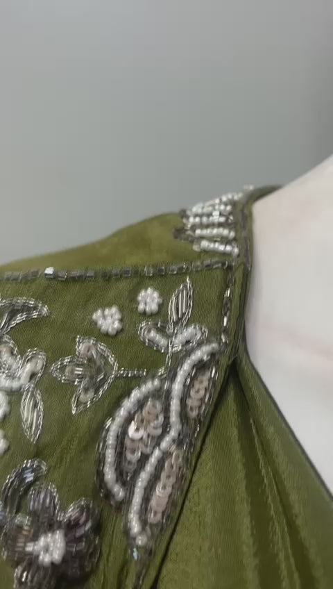 Moss Olive Silver Floral Jacket Gown Set
