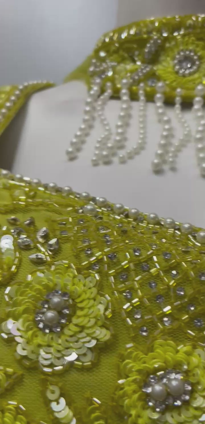 Chartreuse Pearl Draped Saree Set