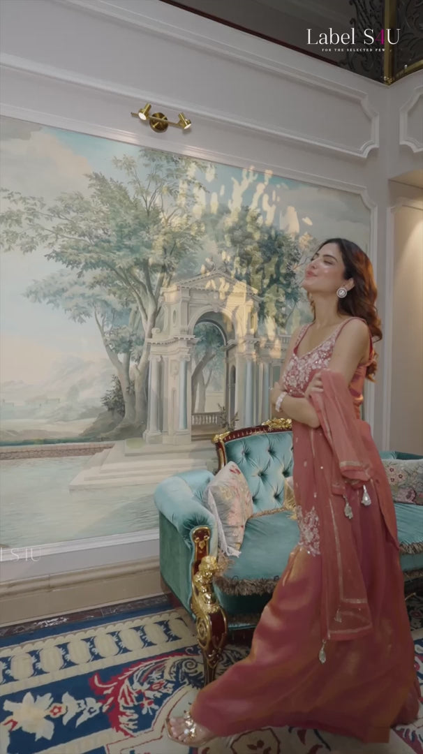 Rust Rose Embroidered Kurta with Shimmer Sharara Set