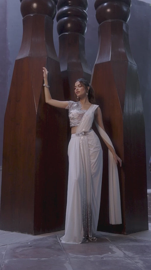 Silver Sequin Embellished Saree Set