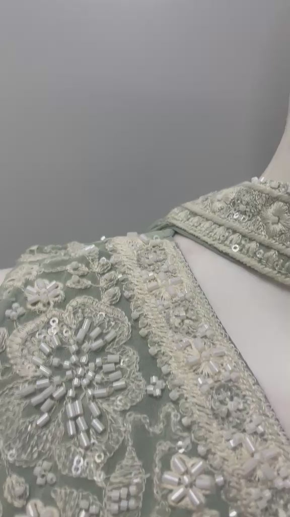 Sage mist silver jewel palazzo set shown in movement on the model