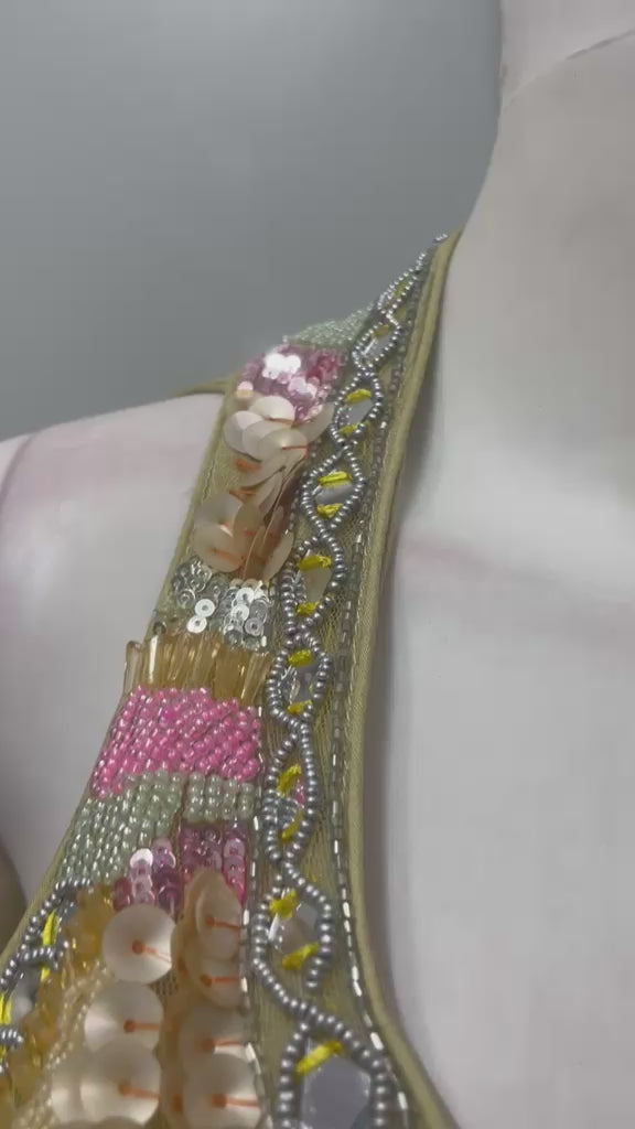 Seafoam mirror embroidered palazzo shown in movement on the model
