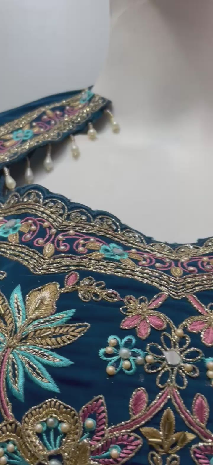 Teal Floral Embroidered Cape Palazzo Set