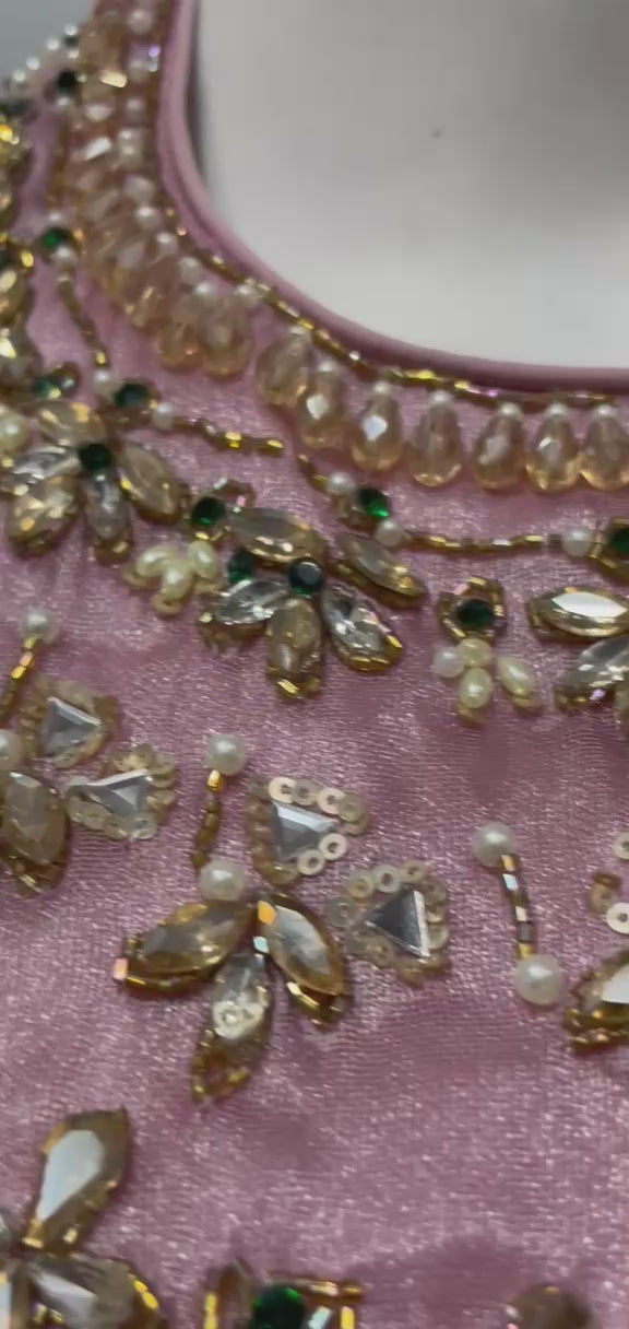 Blush mauve jewel embellished palazzo shown in movement on model