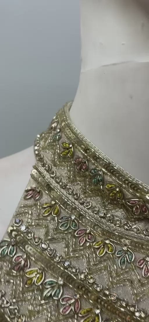 Champagne Gold Halter Pastel Border Anarkali Set