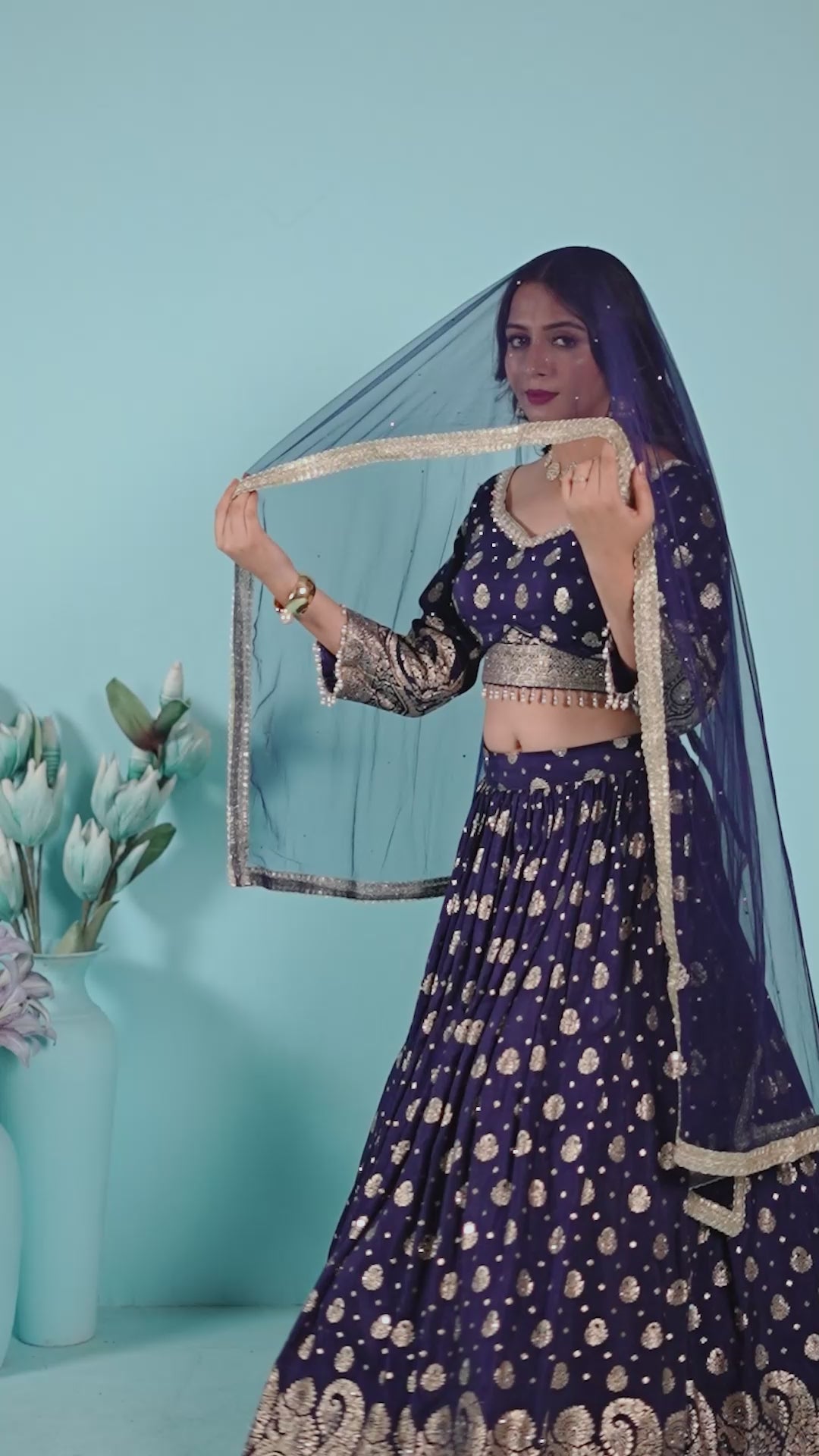 Navy Blue Foil Print Lehenga Set with Dupatta