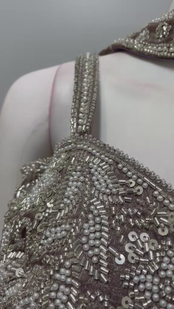 Metallic Taupe Crystal Corset Lehenga Ensemble