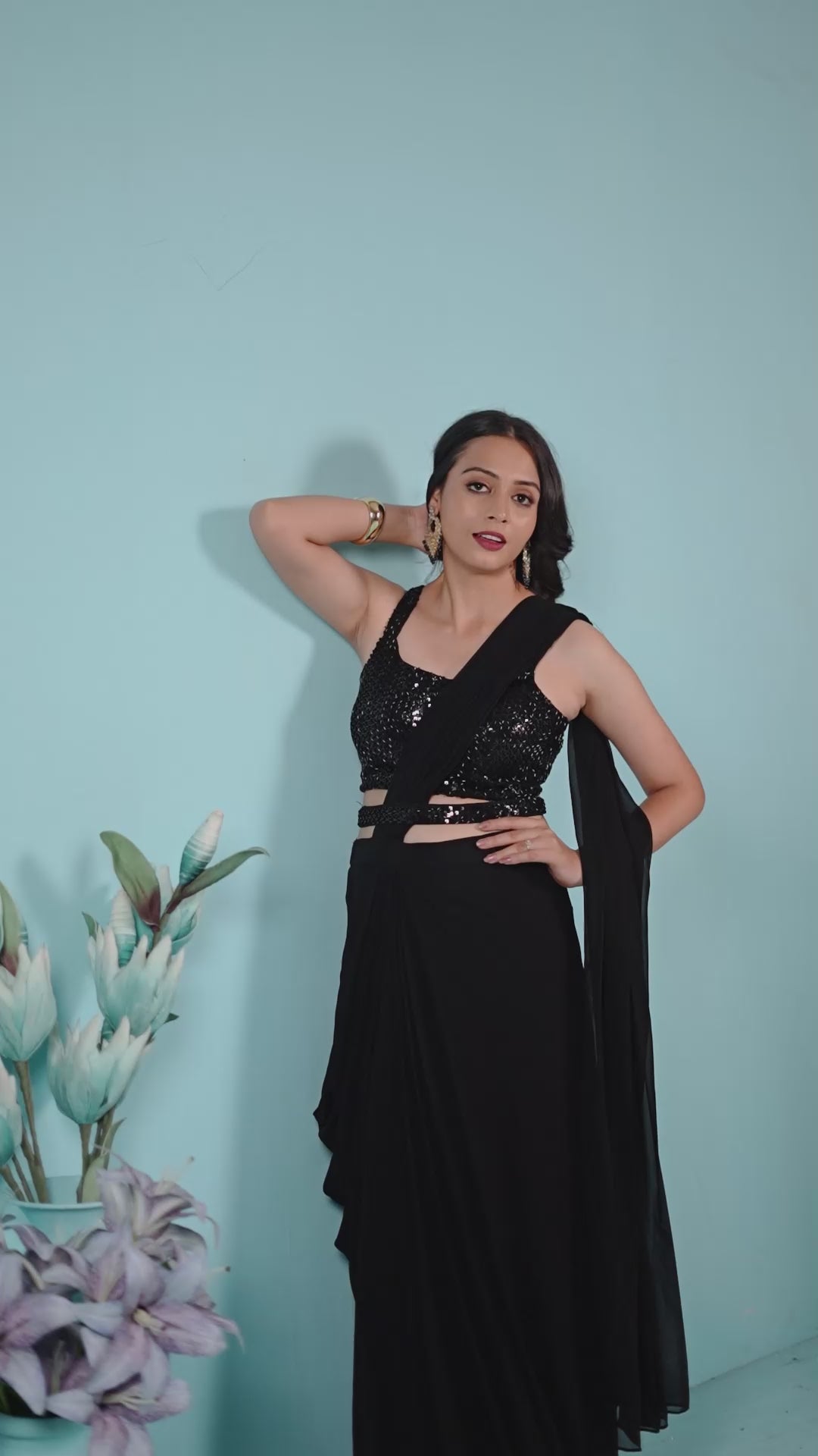 Jet Black Sequinned Pre-Draped Georgette Saree with Designer Blouse
