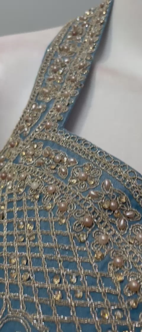 Steel Blue Antique Gold Floral Palazzo Set
