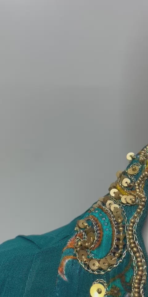 Deep Teal Gold Paisley Cape Palazzo Set
