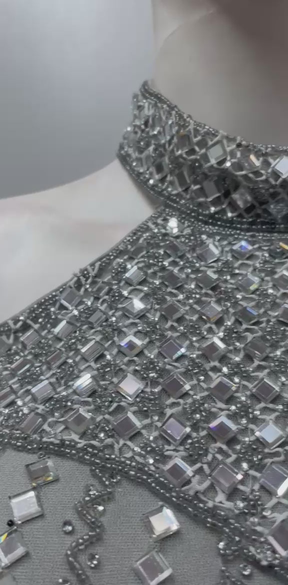 Silver Crystal Halter Draped Saree Set