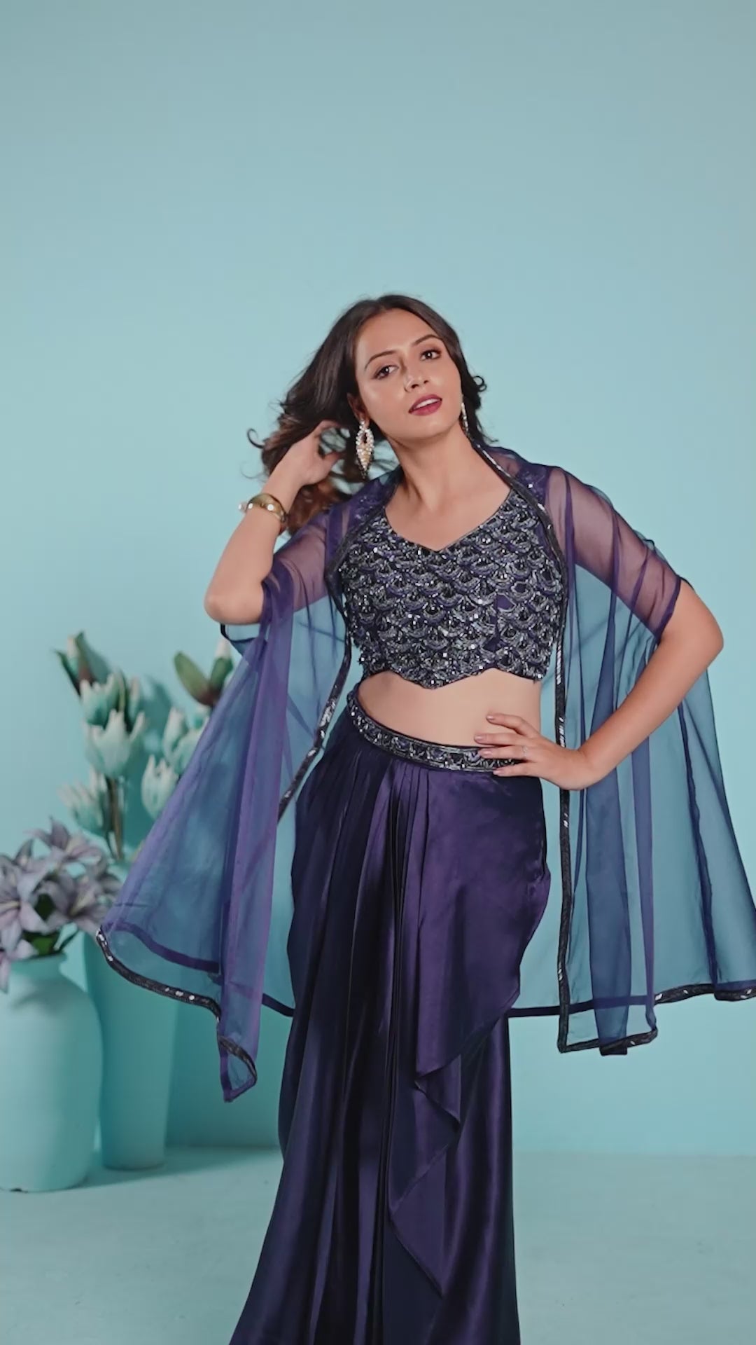 Midnight Blue Pre-Draped Saree with Embellished Blouse & Sheer Cape