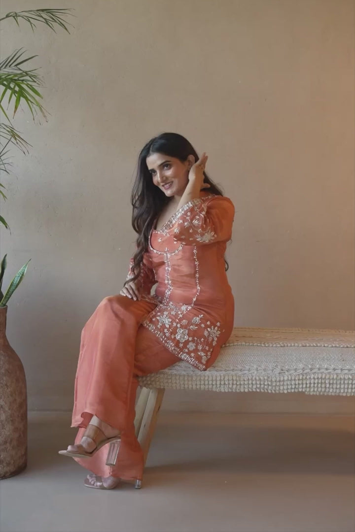 Warm Orange Floral Embroidered Kurta Set