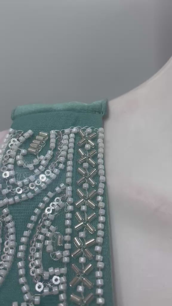 Sage Silver Peacock Embroidered Draped Saree Set