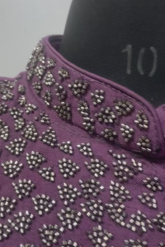 Plum Gunmetal Beaded Nehru Waistcoat Kurta Set