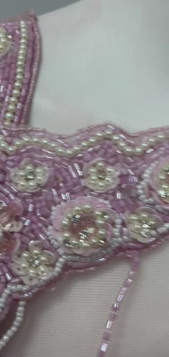 Lilac sequin crop top and draped skirt set shown in movement