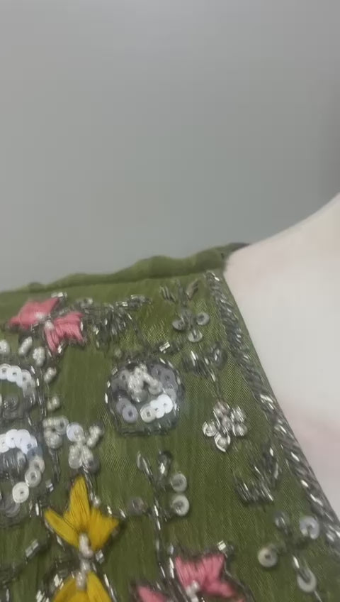 Olive Green Multicolor Floral Embroidered Draped Gown