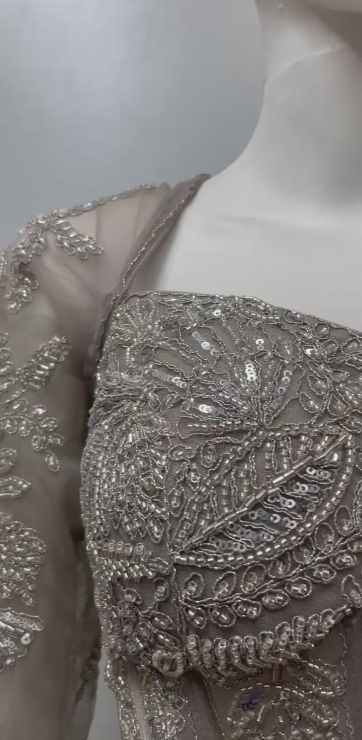 Taupe Silver Corset Pre-Draped Saree Set
