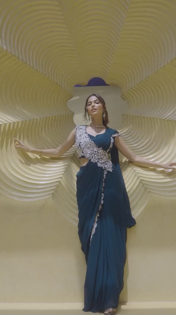 Midnight Blue Handcrafted Drape Saree Gown | Label S4U