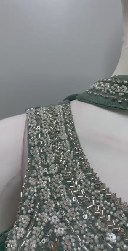 Sage Silver Embellished Draped Palazzo Set