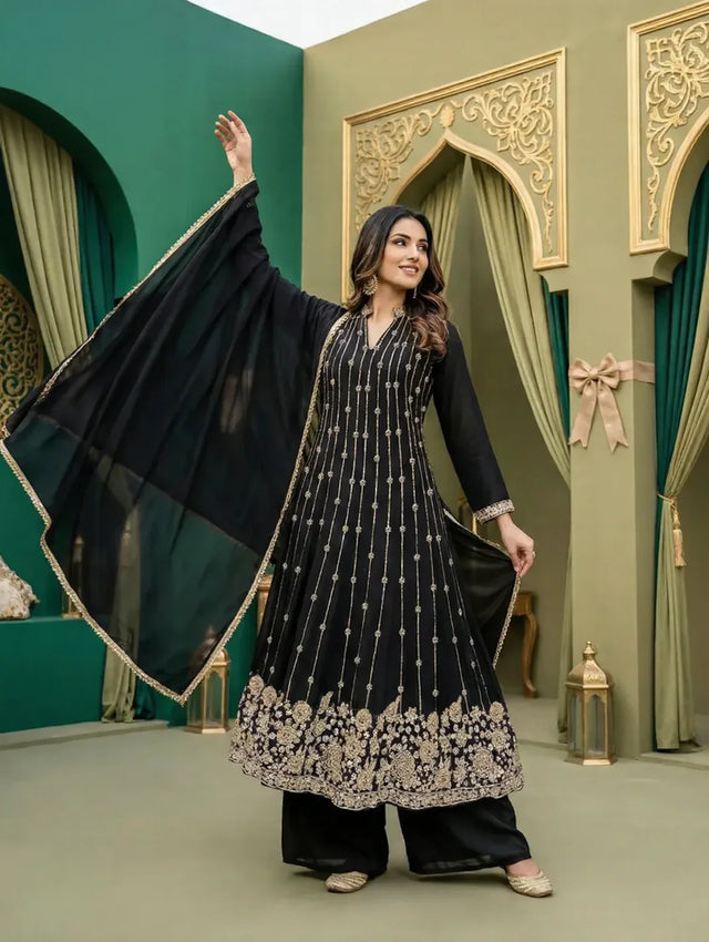 Midnight Noir Embroidered Anarkali Set - MishUUU